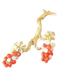 MARVELLA Gold Vine Brooch with Red and White Beads